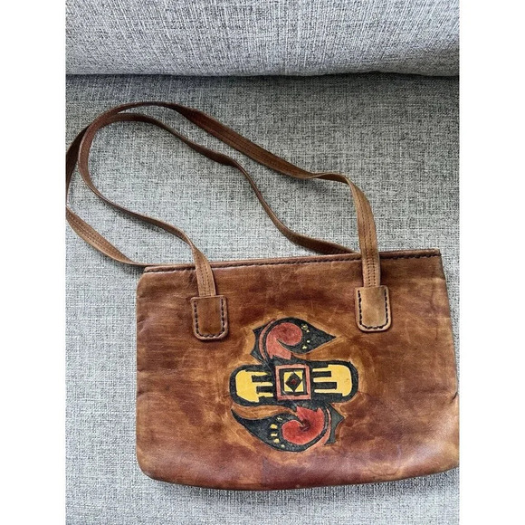 Vtg Brown Leather Shoulder Bag Boho Native American Polychrome Geometric Figure - Picture 1 of 11